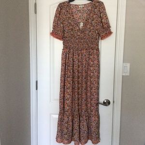 Max Studio Peach Floral Maxi Dress with Shirred Waist and Sleeves